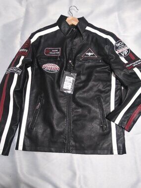 V.I.P. Collection Men’s Black Racing Motorcycle Jacket Red White Stripes Size -L